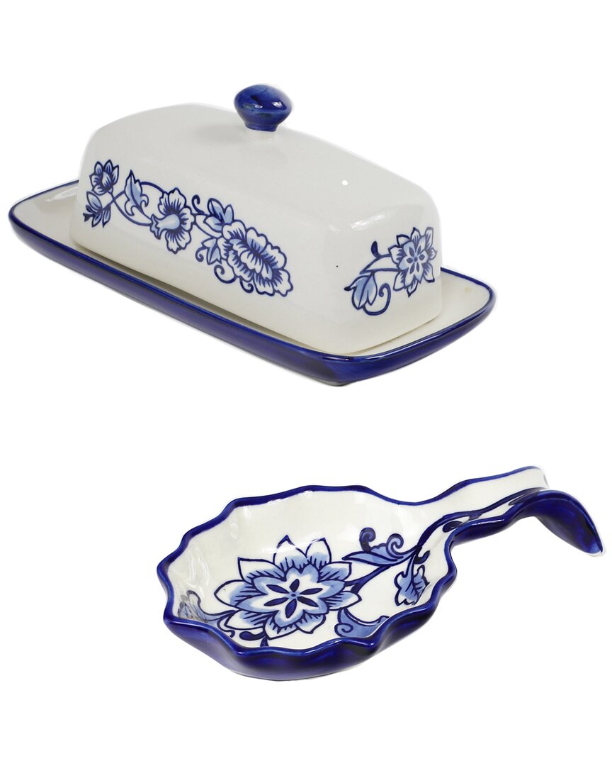 Euro Ceramica Blue Garden Butter Dish And Spoon Rest