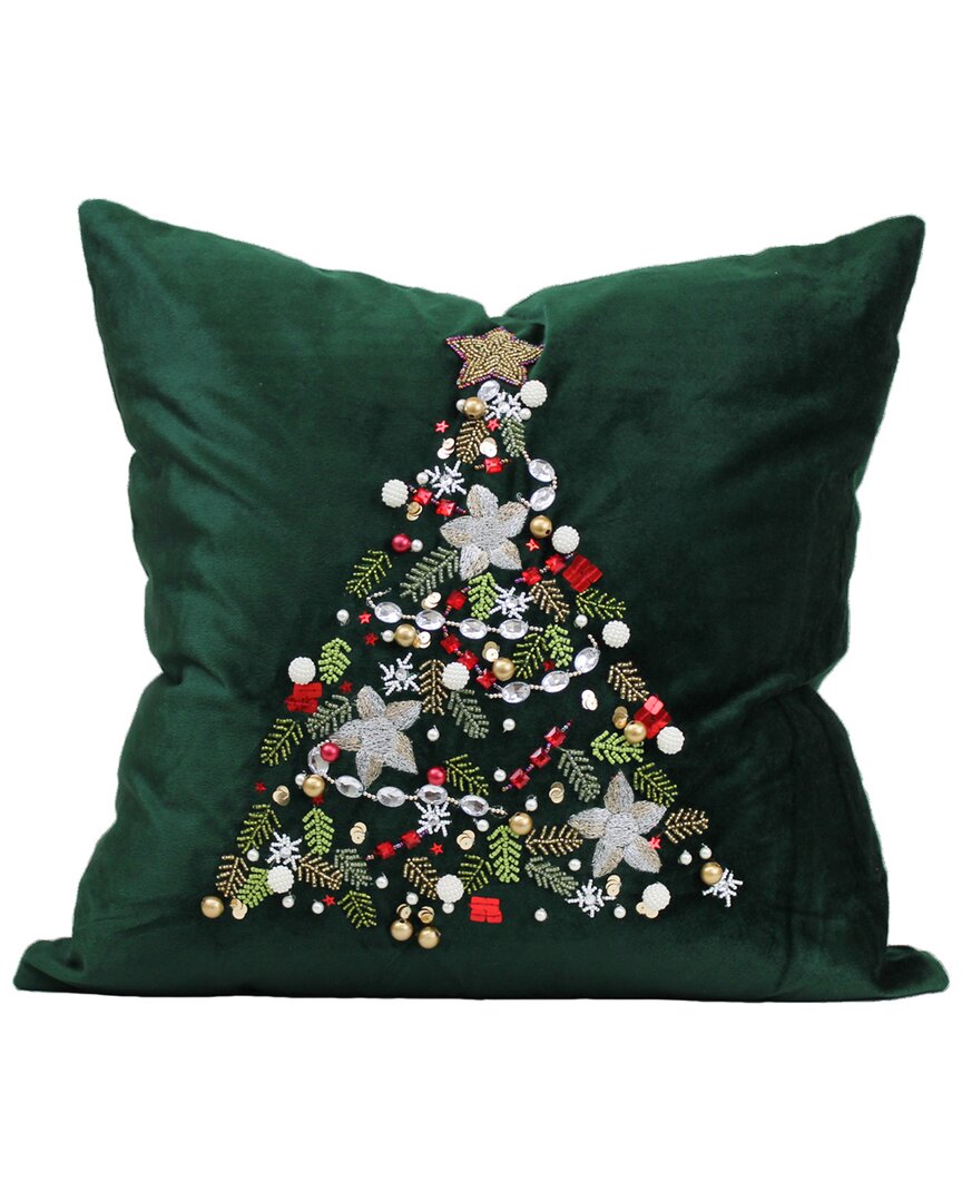 Harkaari Velvet Beaded Whimsical Christmas Tree Pillow In Green