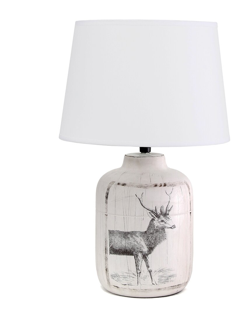 Lalia Home Rustic Deer Buck Nature Printed Ceramic Farmhouse Accent Table Lamp In White