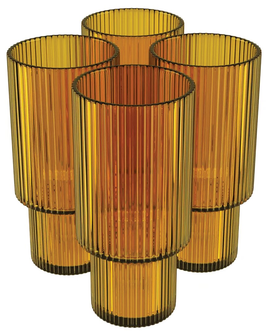 American Atelier Set Of 4 Ribbed Amber Highball Glasses
