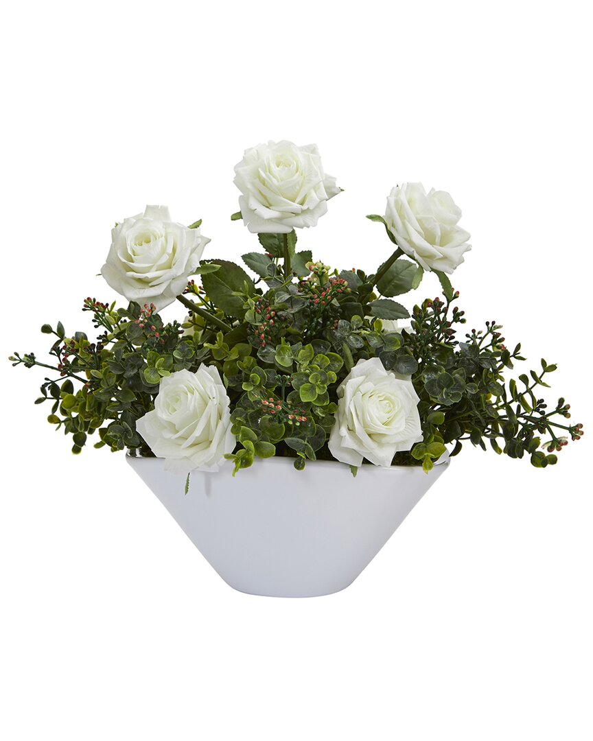 Nearly Natural Roses & Eucalyptus Artificial Arrangement In White Vase In White