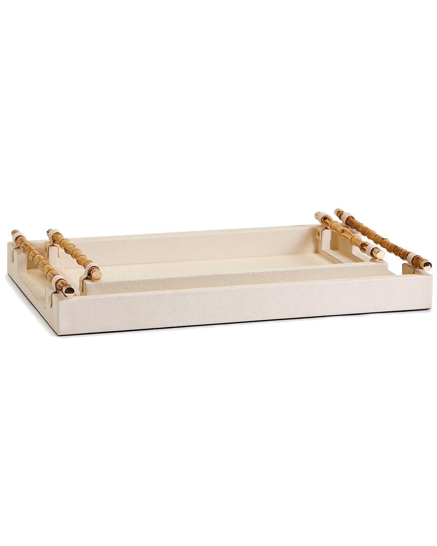 Two's Company Set Of 2 Cream Decorative Rectangle Trays With Bamboo Handles