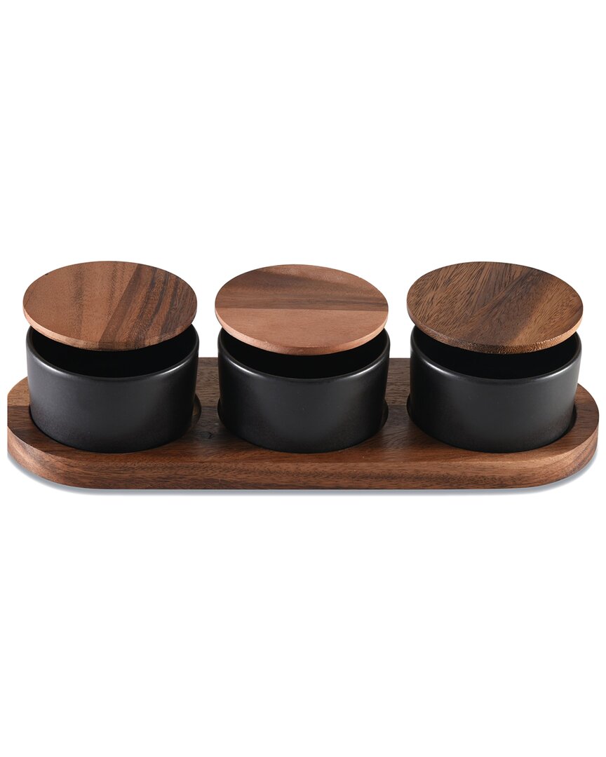 Kalmar Home Black Ceramic Condiment Set On Acacia Wood Base