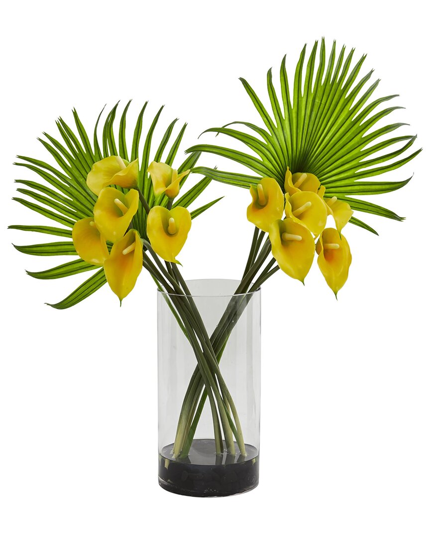 NEARLY NATURAL NEARLY NATURAL CALLA LILY & FAN PALM ARTIFICIAL ARRANGEMENT IN CYLINDER GLASS VASE 