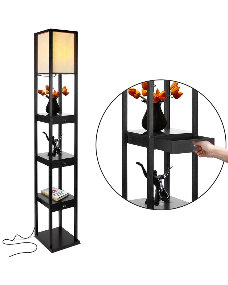 Brightech Maxwell Black Wood Led Shelf Floor Lamp With Drawers