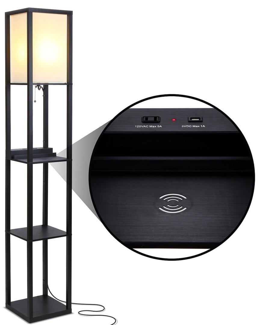 Brightech Maxwell Led Wireless Charging Shelf Floor Lamp In Black