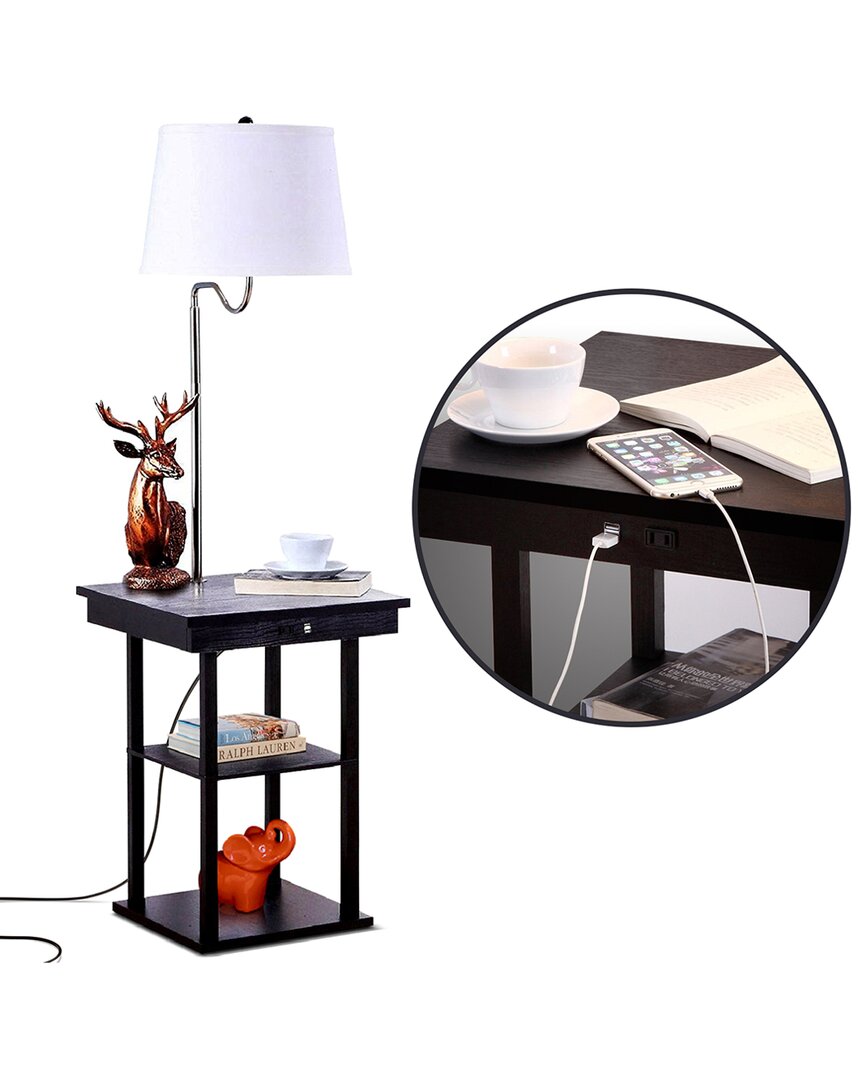 Brightech Madison Black Side Table & White Lamp With Usb Port