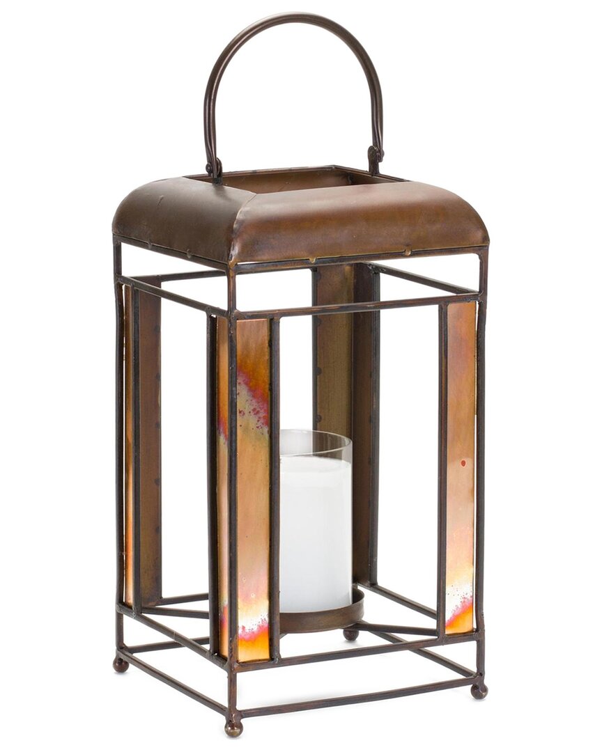 Melrose International Brozne Metal Candle Holder With Amber Glass Panes And Hurricane 13.5"h - Bronze In Gold