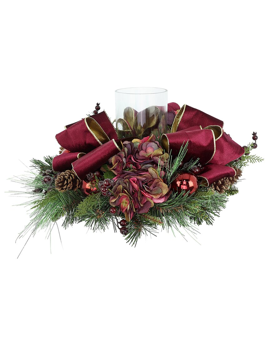 Creative Displays Christmas Holiday Candleholder With Hydrangeas & Pinecones In Red