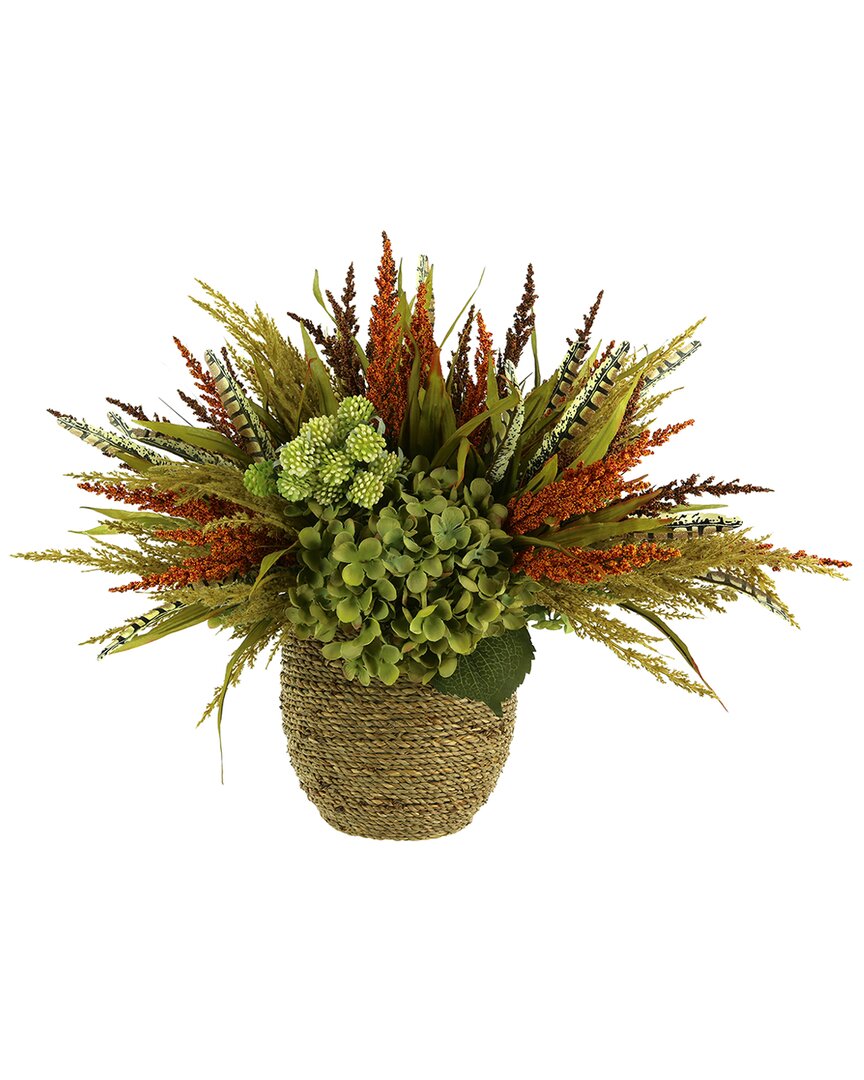 Creative Displays Hydrangea Fall Arrangement With Heather In A Rope Pot In Green