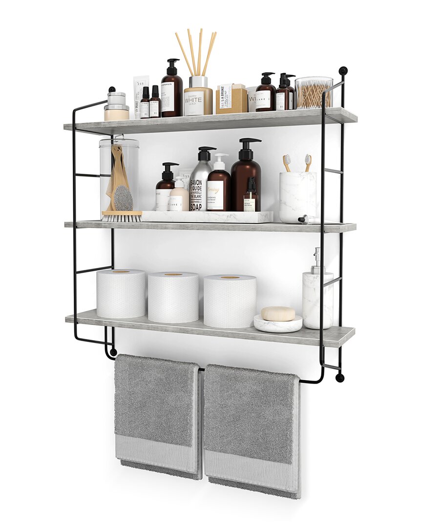 Sorbus 3-tier Grey Wooden Floating Shelves With Metal Brackets