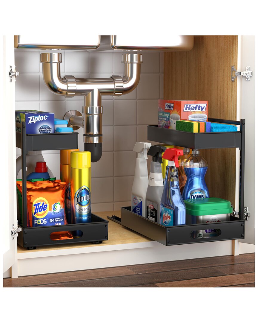 Sorbus Set Of 2 Under Sink Black Organizer With Sliding Tracks