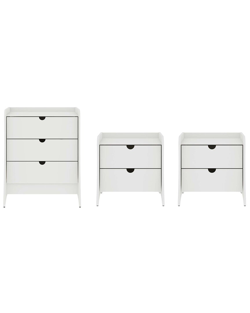 Manhattan Comfort Coney 3pc Mid-century Modern Dresser & Nightstand Set In White