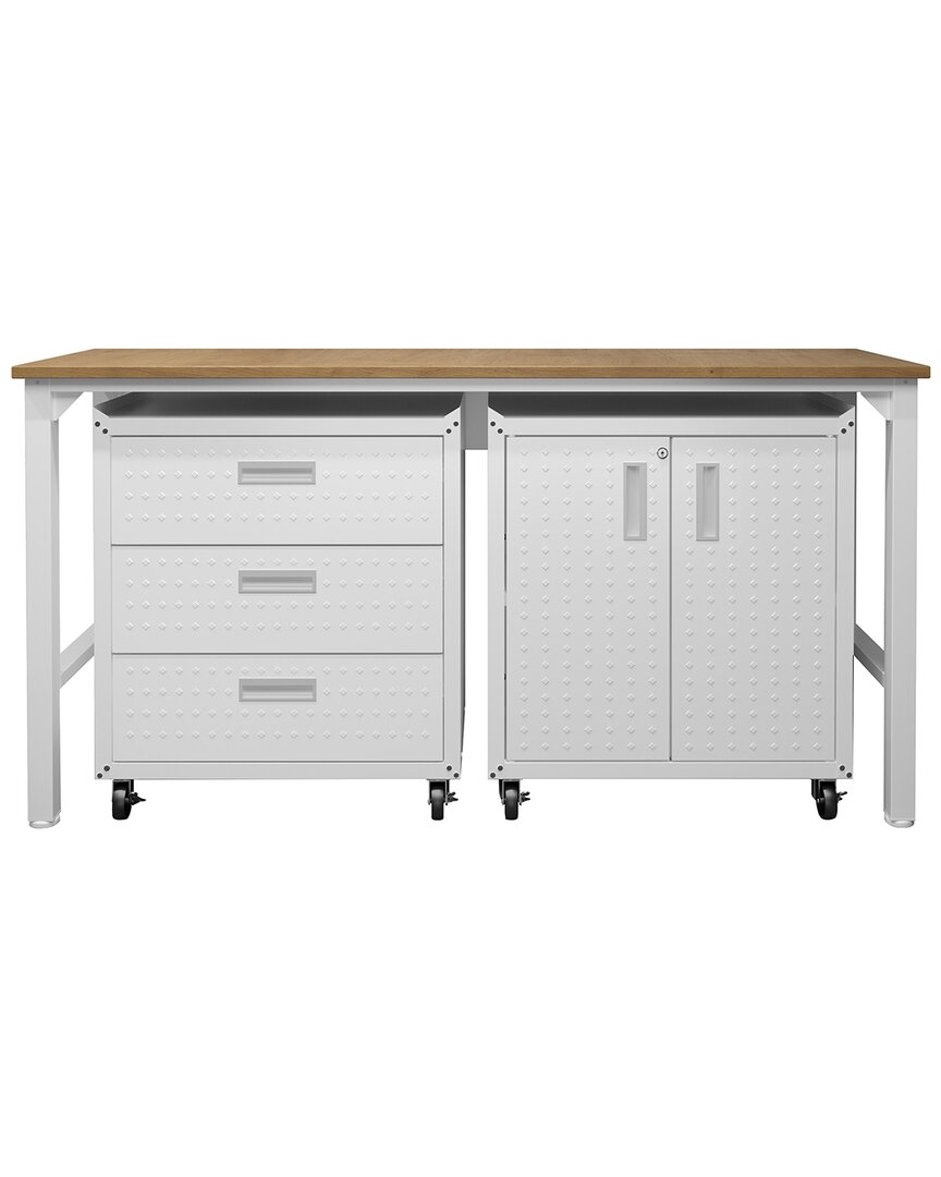 Manhattan Comfort 3pc Fortress Mobile Space-saving Garage Cabinet And Worktable 2.0 In White