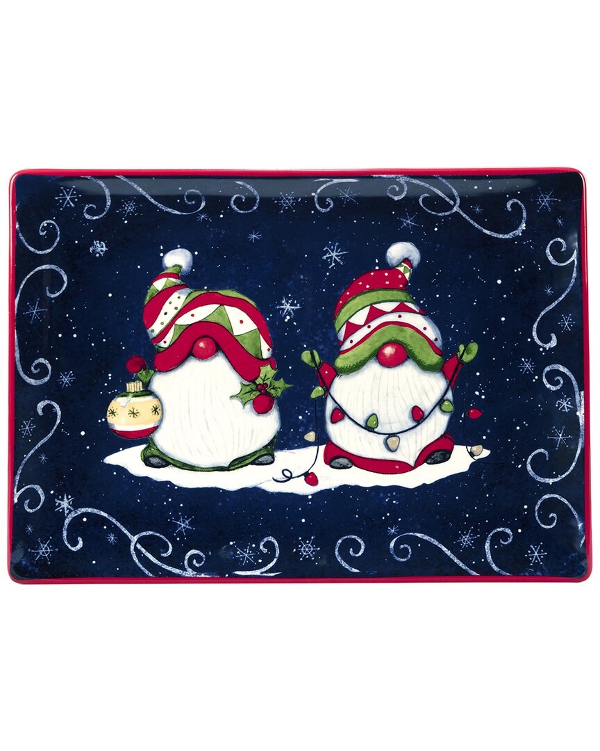 Certified International Holiday Magic Gnomes Rectangular Platter, 14" X 10" In Blue