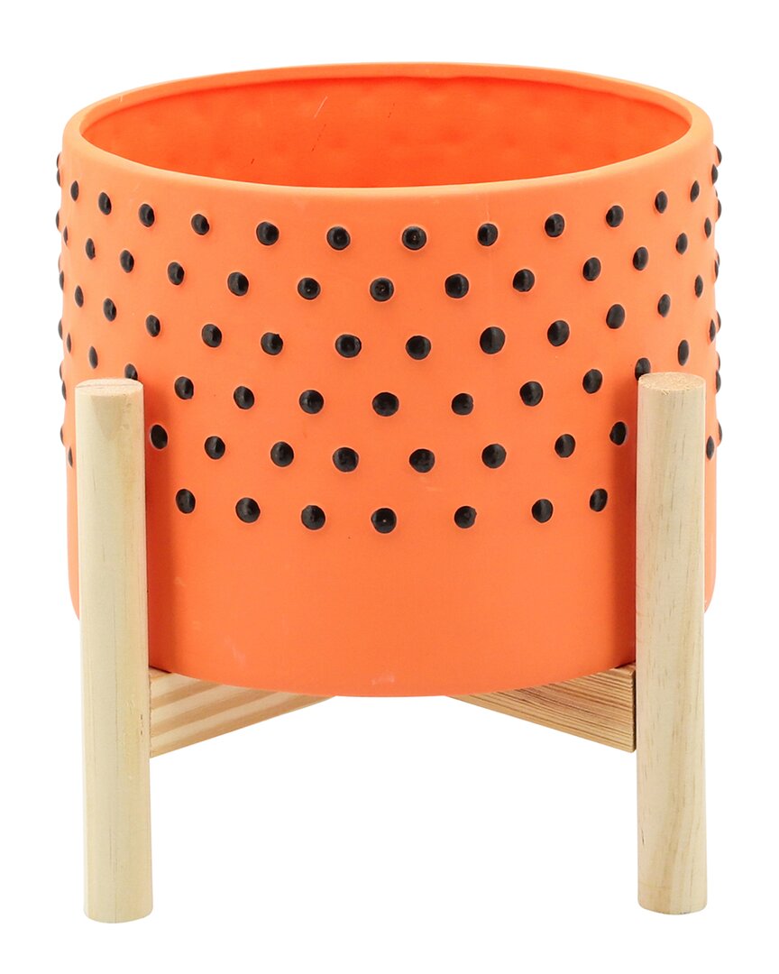 Sagebrook Home Dotted Planter With Wood Stand In Orange