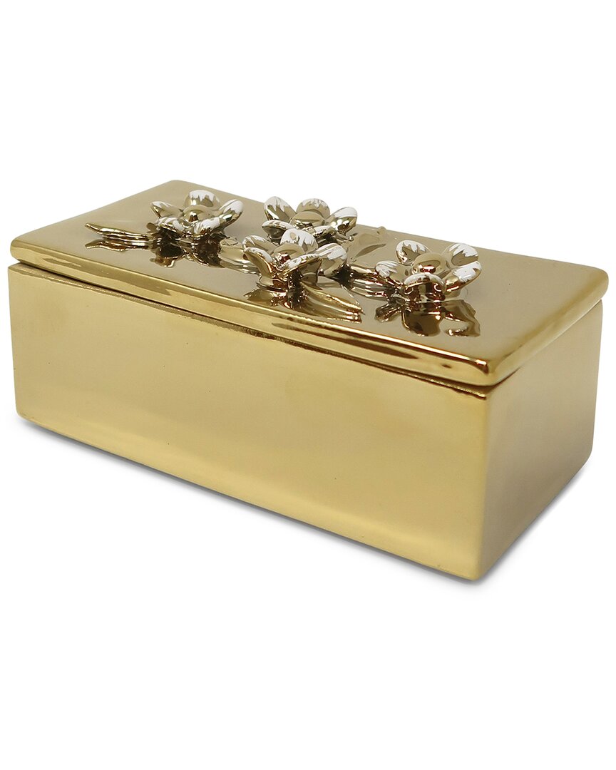 Vivience Oblong Decorative Box With Flower Design Lid, 6" L In Gold/white