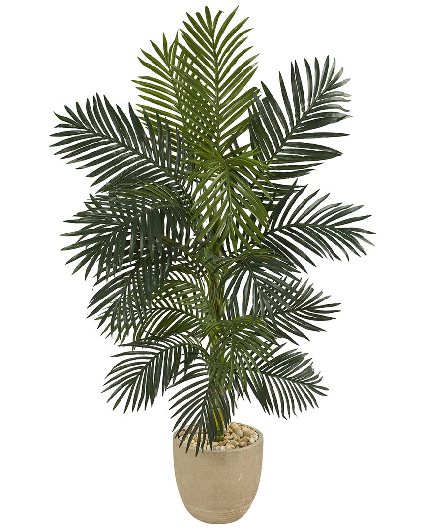 Nearly Natural 5ft Golden Cane Artificial Palm Tree In Sandstone Planter In Green