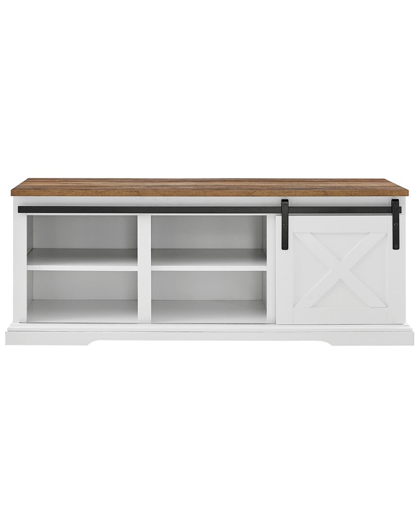 Walker Edison Farmhouse Sliding Barn Door Storage Bench With 3 Shelves In White