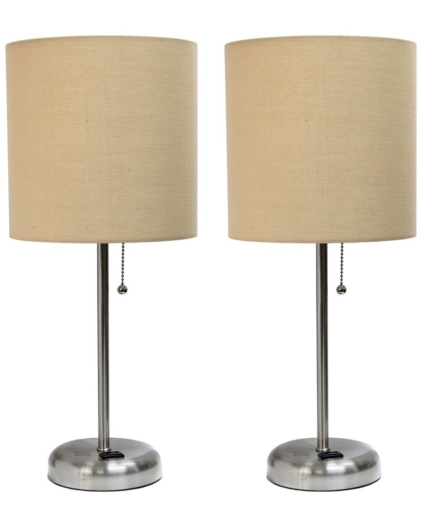 Lalia Home Laila Home Brushed Steel Stick Lamp With Charging Outlet And Fabric Shade 2pk Set In Brown
