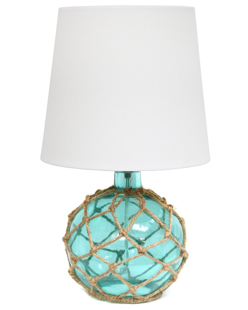 Lalia Home Laila Home Buoy Rope Nautical Netted Coastal Ocean Sea Glass Table Lamp With White Fabric Shade In Aqua