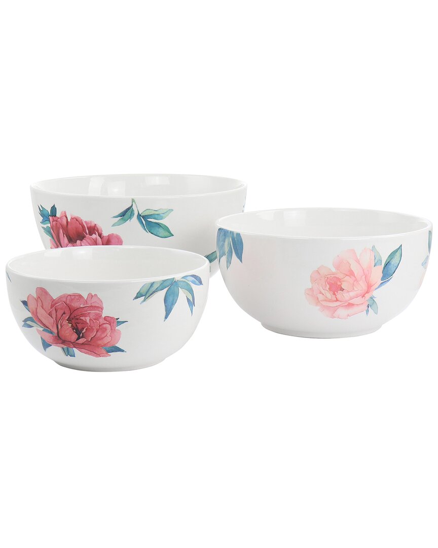 Martha Stewart 3pc Fine Ceramic Floral Bowl Set In White