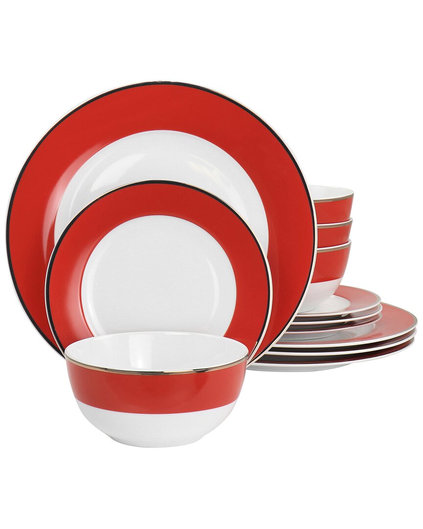 Martha Stewart Gold Rimmed 12pc Fine Ceramic Dinnerware Set In Red
