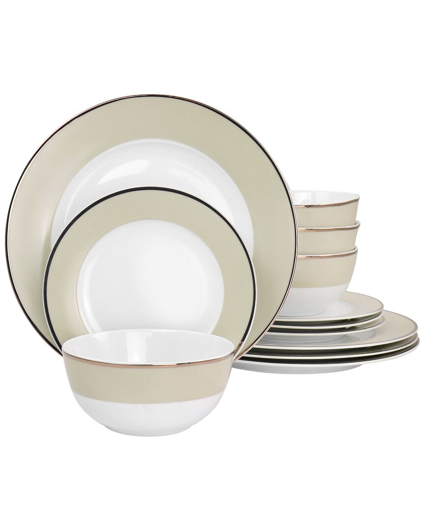 Martha Stewart Gold Rimmed 12pc Fine Ceramic Dinnerware Set In Beige