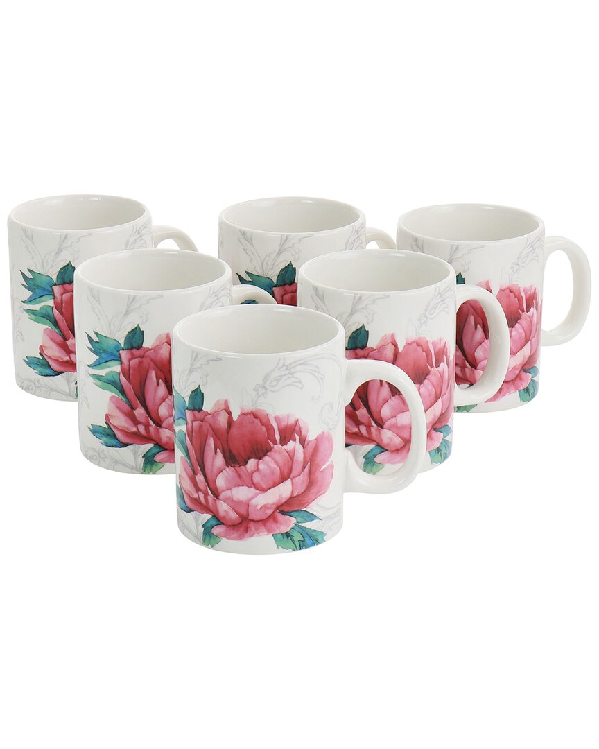 Martha Stewart 16oz Fine Ceramic Decorated Floral 6pc Mug Set In White