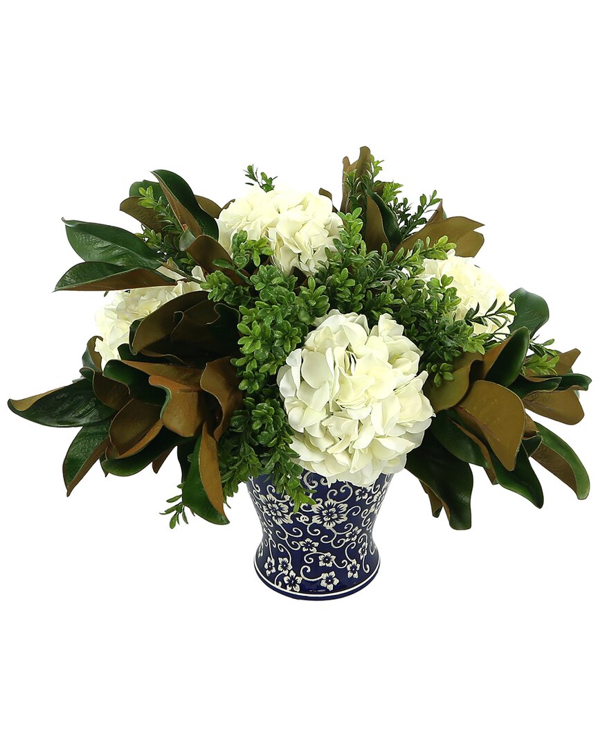 Creative Displays White Hydrangea, Boxwood Floral Arrangement With Magnolia Leaves In Cream