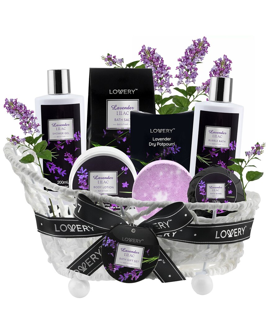 Lovery Lavender Lilac Spa Kit, 8pc Self Care Bath And Shower Set In Handmade Basket In Purple