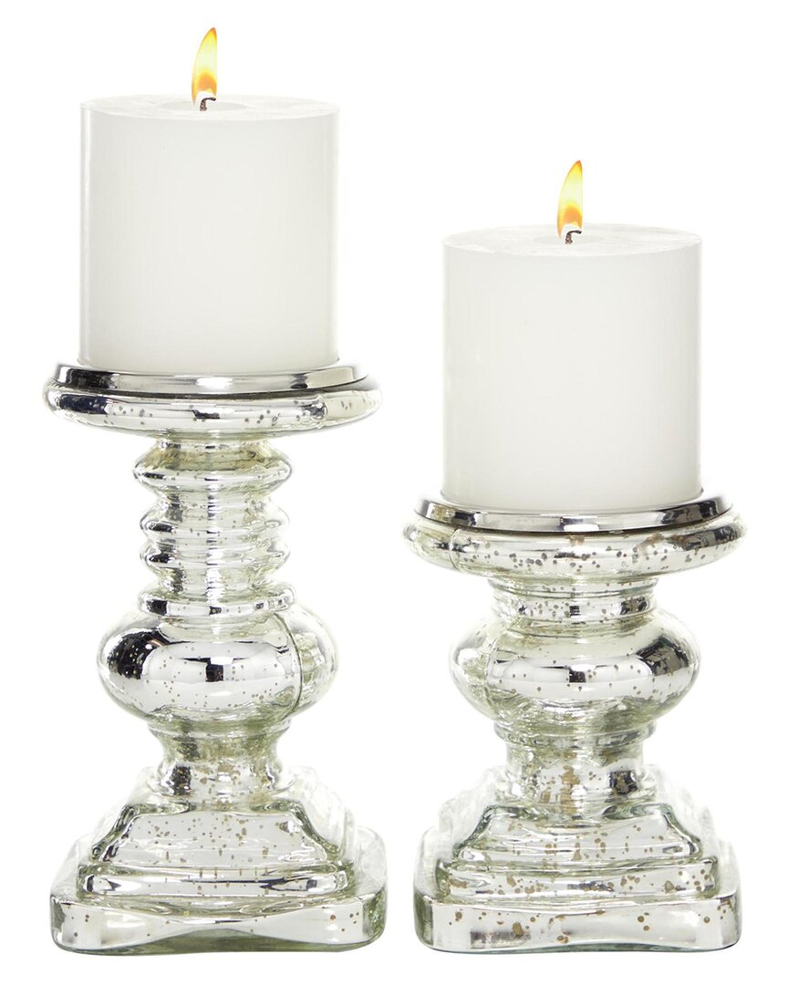 Uma Enterprises Set Of 2 Glass Handmade Turned Pillar Candle Holders