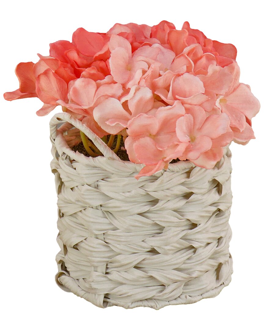 National Tree Company Coral Hydrangea Bouquet In White Basket In Coral