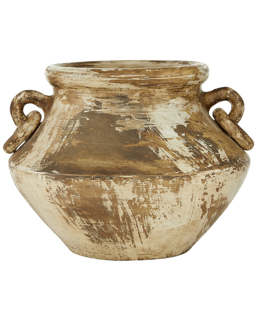Peyton Lane Large Distressed Beige And Brown Round Ceramic Pot W/ Handles