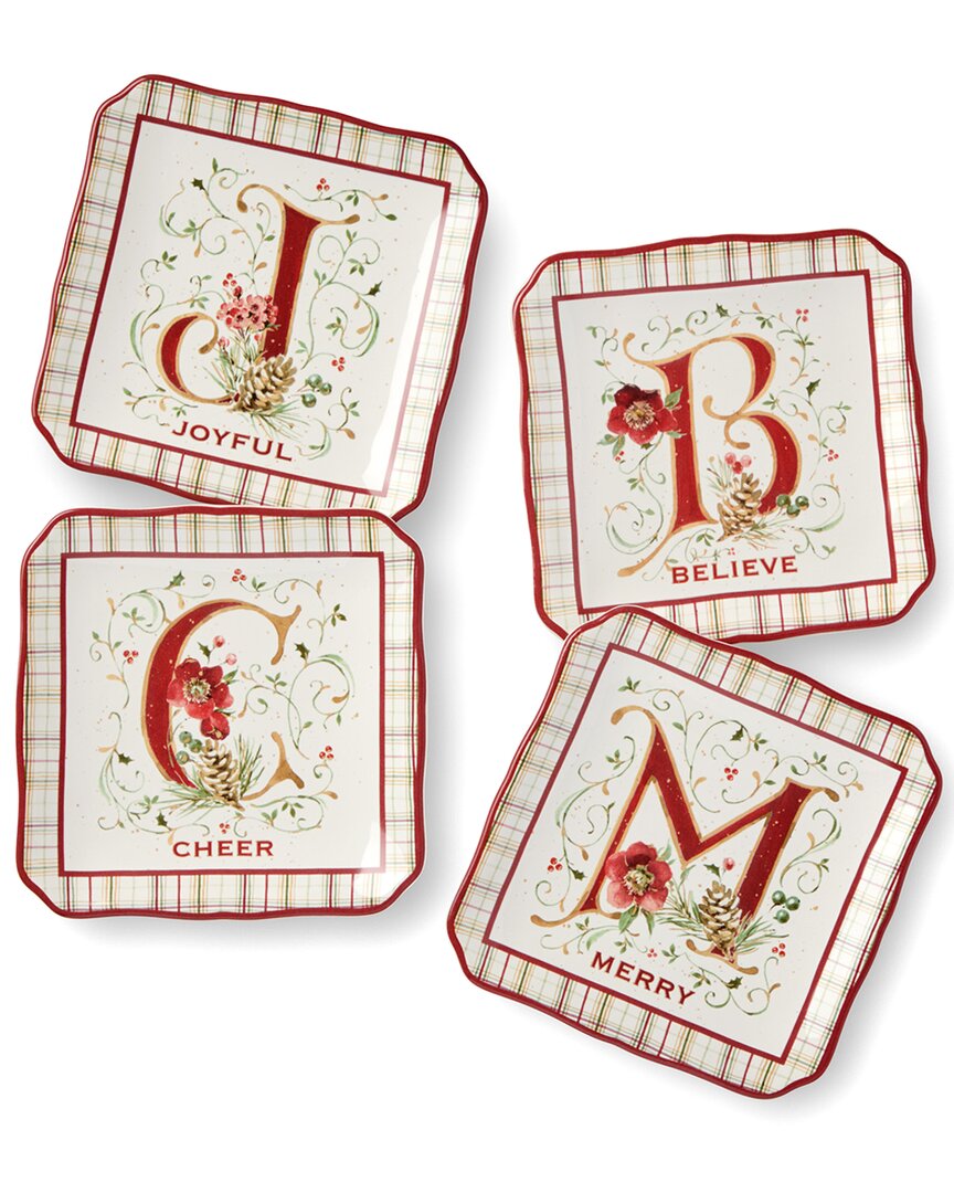 Certified International Winter Blooms Set Of 4 Canape Plates In Red