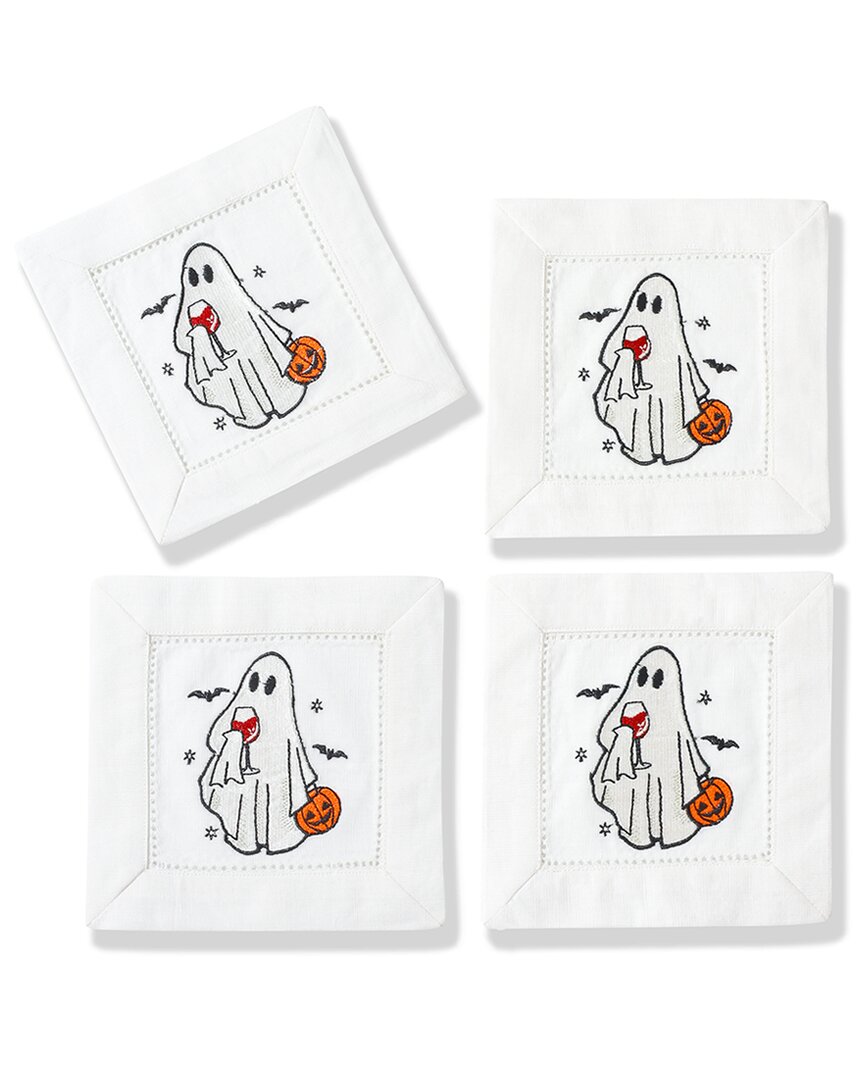 Tiramisu Spirited Sips Embroidered Linen Cocktail Napkins In White