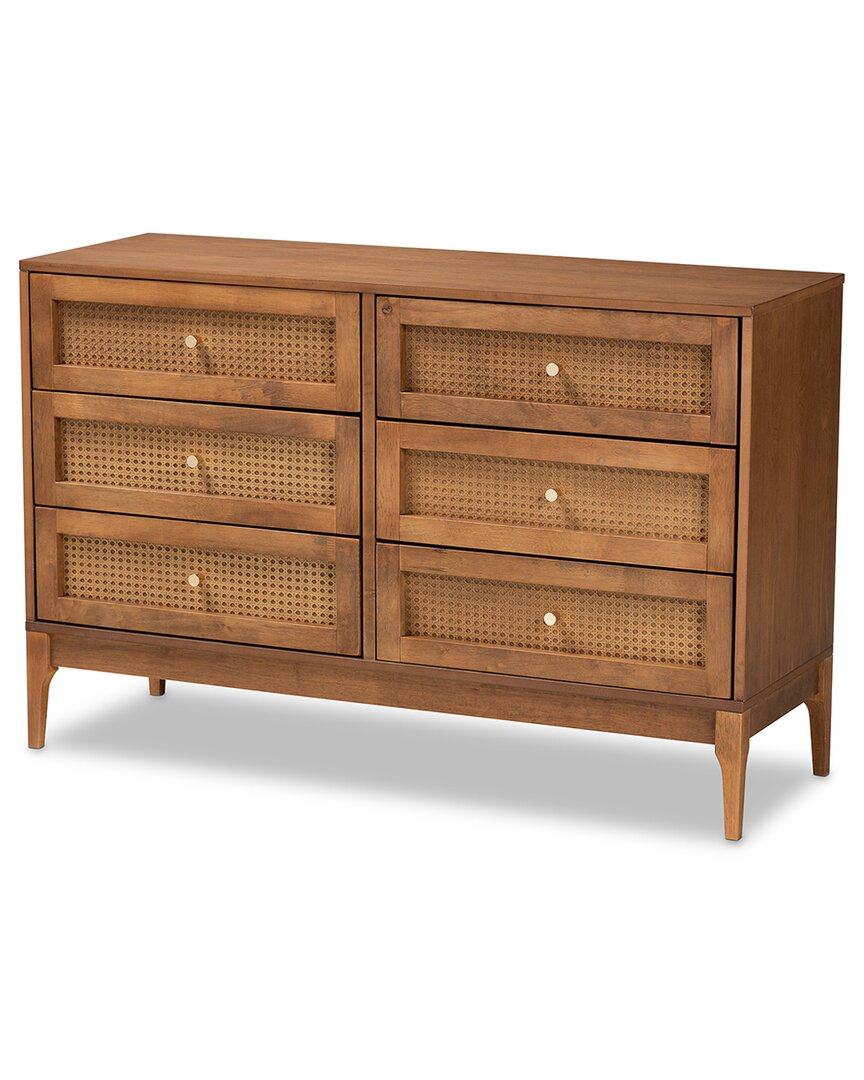 Baxton Studio Ramiel Mid-century Modern Ash Rattan 6-drawer Dresser In Brown