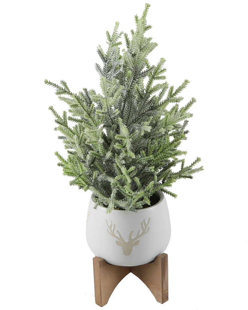 Flora Bunda 15.75in H Frosted Xmas Tree In 5in Staghead Ceramic On Wood Stand In White