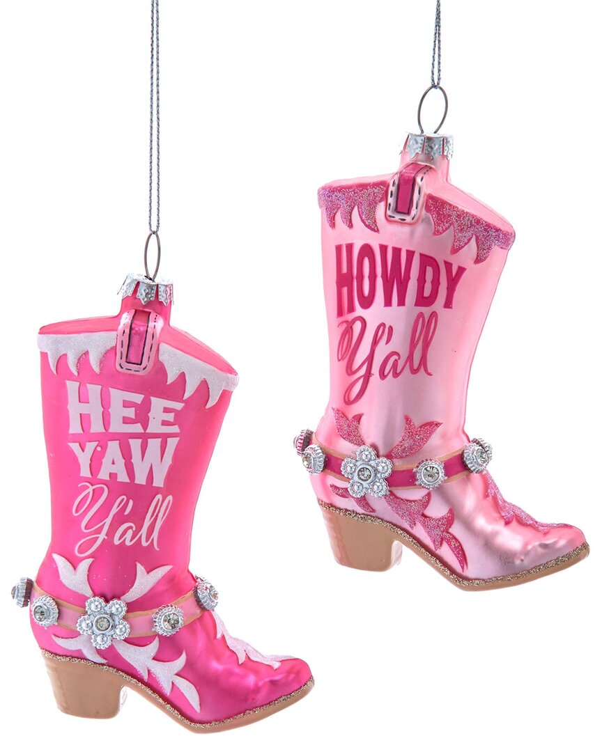 Kurt Adler Set Of 2 Glass Pink Cowboy Boots Ornaments In Pink