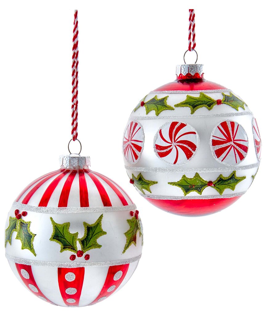 Kurt Adler Set Of 2 100mm Glass Peppermint And Holly Ball Ornaments In Multi