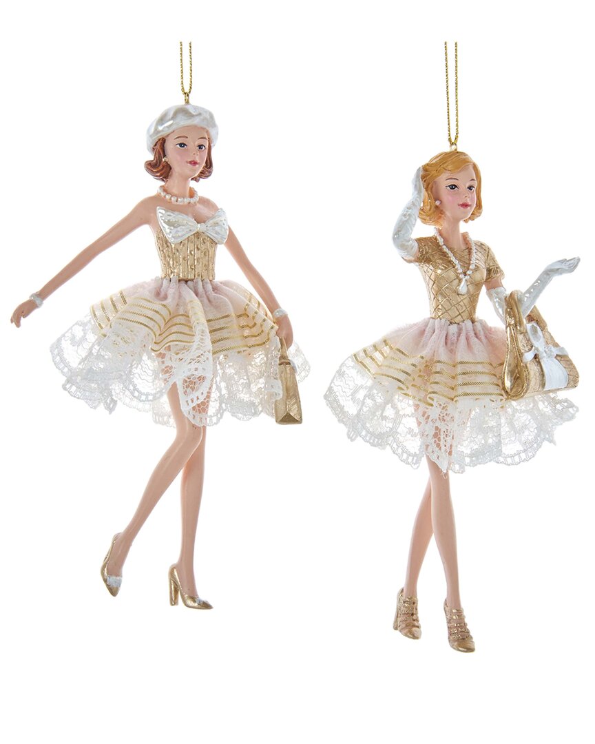 Kurt Adler Set Of 2 Golden Elegance Modern Shopping Girl Ornaments In Gold