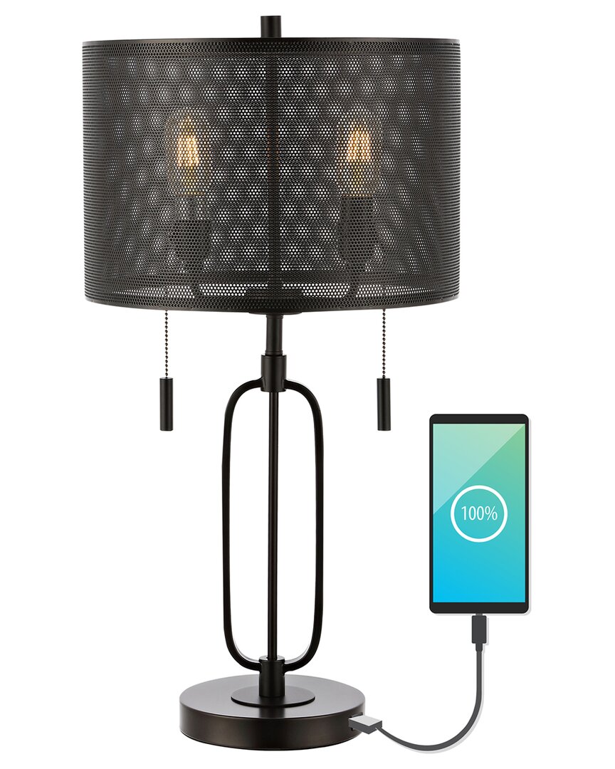 Jonathan Y Hank 27in 2-light Industrial Farmhouse Iron Led Table Lamp With Usb Charging Port In Bronze