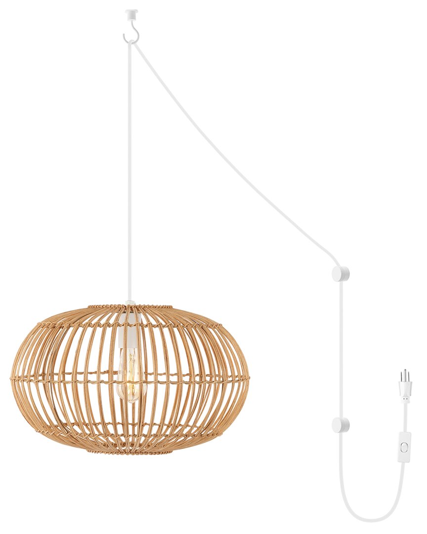 Jonathan Y Leo 17in 1-light Farmhouse Rattan 180in Cord Plug-in Or Hardwired Led Pendant In Brown