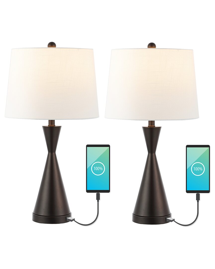 Jonathan Y Colton 26in Set Of 2 French Country Farmhouse Iron Led Table Lamp With Usb Charging Port In Bronze