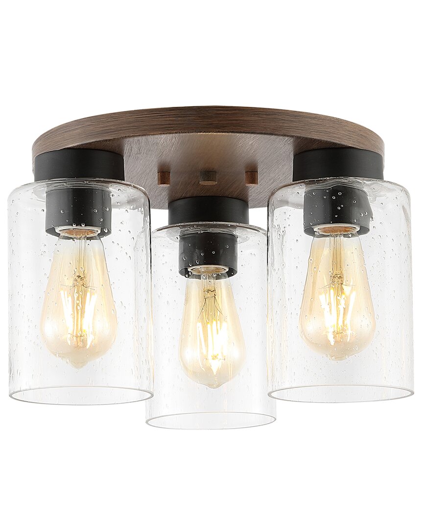 Jonathan Y Nola 13in 3-light Bohemian Farmhouse Iron/seeded Glass Led Semi Flush Mount In Brown