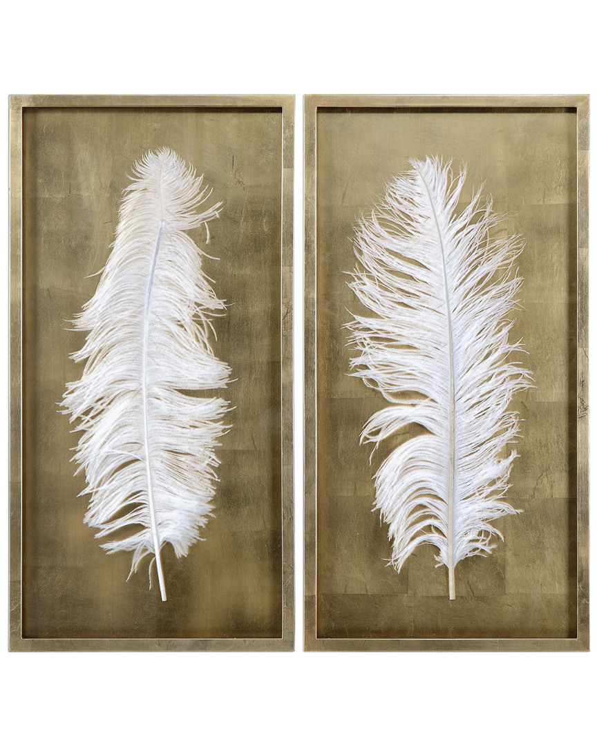 Uttermost Set Of 2 White Feathers Gold Shadow Box