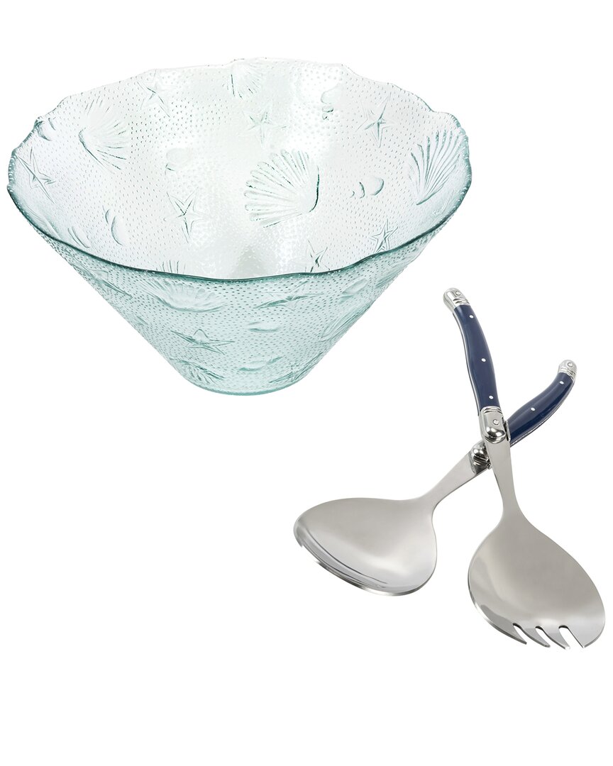 French Home Recycled Glass Coastal Salad Bowl & Laguiole Servers In Clear