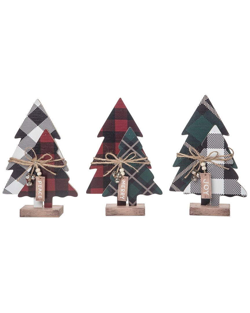 Transpac Wood 9.06in Multicolored Christmas Plaid Trees With Bells Set Of 3