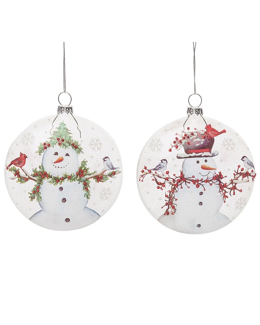 Transpac Glass 4.5in Multicolored Christmas Snowman With Bird Ornament Set Of 2