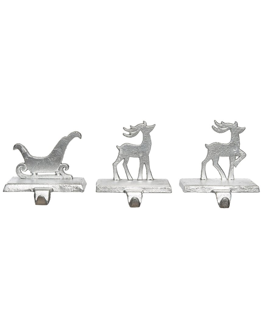 Transpac Metal 5.12in Christmas Reindeer/sleigh Stocking Holder Set Of 3 In Silver